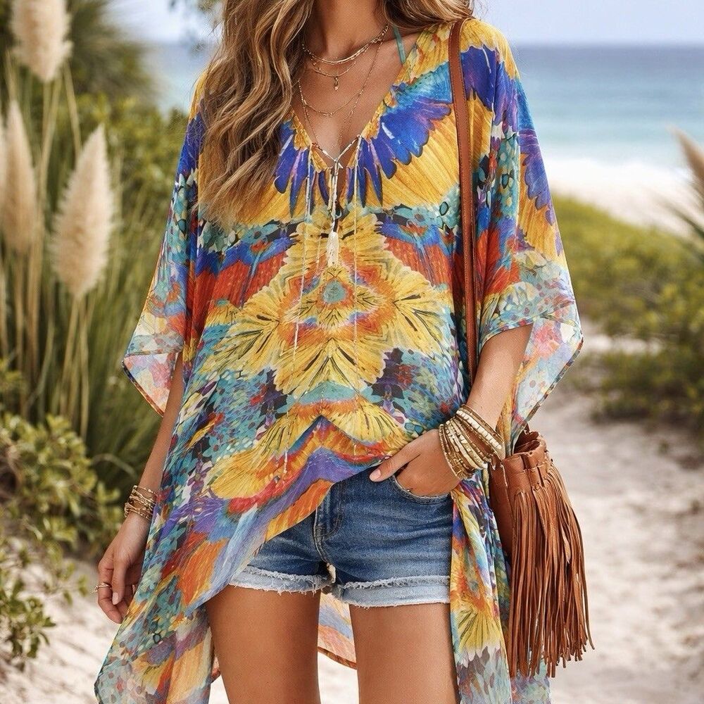 Shahida Parides Boho Kaftan Dress S/M Festival Hippie Gypsy Birds Feather Beaded